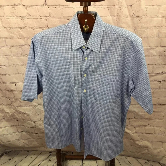 alan flusser short sleeve plaid button down shirt size large preppy office - Picture 1 of 4